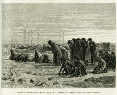 Moghreb ima a Szaharában. J.Girardet metszet a Cinq mois chez les moures nomades du Sahara occidental történet illusztrálására, 1887-ben, Camille Douls, in le tour du monde 1888, Edouard Charton (1807-1890), Hachette, Pa. alkotó: Eugene Alexis Girardet