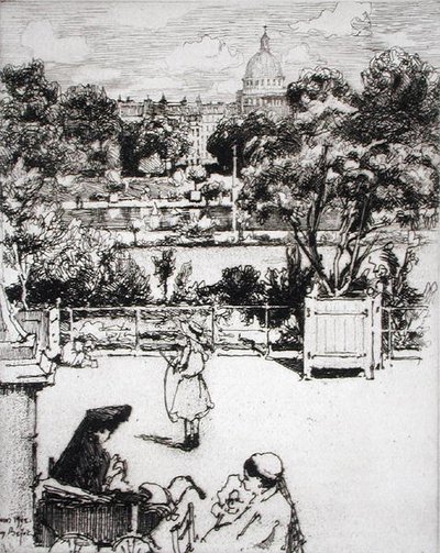 Párizsi park, a „Du Ier au XXeme: Les Arrondissements de Paris…” című könyvből, 1903-ban (rézkarc) alkotó: Eugene Bejot