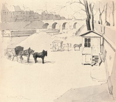 A Pont Marie - Lovak és szekerek, 1915 alkotó: Eugene Bejot
