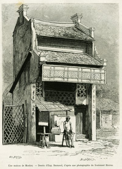 Egy Monkay ház. Eugene Burnand metszete a Sur les frontières du Tonkin című történet illusztrálására, Doctor P.Neiss, in le tour du monde 1888, rendező: Edouard Charton (1807-1890), Hachette, Párizs. alkotó: Eugene Burnand