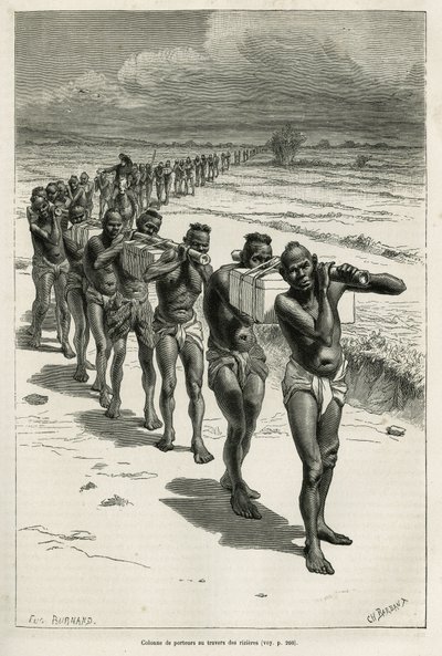 Hordozók oszlopa a rizsföldeken keresztül, Bassac és Hue között, Eugene Burnand rajza nyomán bevésve, hogy illusztrálja a Laoszról és Indokína vadon élő populációiról szóló történetet, Dr. Harmand 1877-ben, amelyet a tour du monde-ban tettek közzé. a közve alkotó: Eugene Burnand