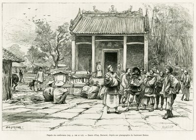 Konferenciák Pagoda, Monkay. Eugene Burnand metszete a Sur les frontières du Tonkin című történet illusztrálására, Doctor P.Neiss, in le tour du monde 1888, rendező: Edouard Charton (1807-1890), Hachette, Párizs. alkotó: Eugene Burnand