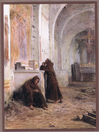 Giles barát és társa elájulnak az éhségtől egy elhagyatott templomban, 1919 alkotó: Eugene Burnand