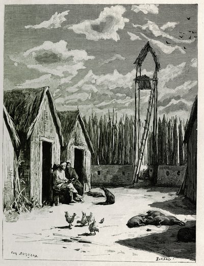 Missziós tér Meuong Ngan-ban. Eugene Burnand metszete Dr. P.Neis „Utazás Felső-Laoszban” című történetének illusztrálására 1880-ban. Megjelent a Le Tour du monde, nouveau Journal des voyages, 1885. évi 2. félévben, szerkesztette Edouard Charton (1807-1890) alkotó: Eugene Burnand