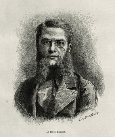 Dr. Harmand portréja, Eugene Burnand metszete, Laosz és Indokína vadon élő populációi történetének illusztrálására Dr. Harmandtól, 1877-ben, a tour du monde-ban, Edouard Charton irányítása alatt. alkotó: Eugene Burnand