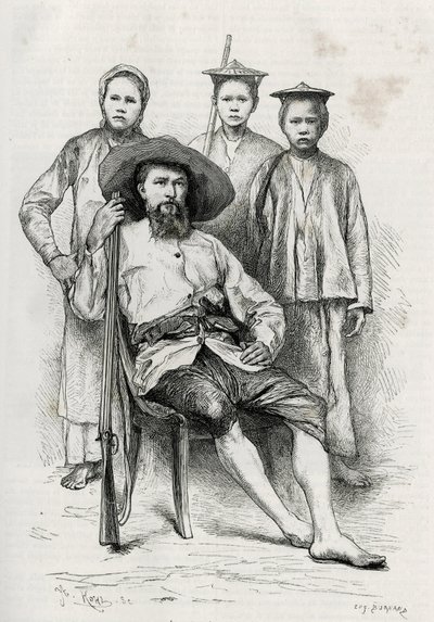 A szerző portréja, körülveszi útitársait. Eugene Burnand metszete Dr. P.Neis „Utazás Felső-Laoszban” című történetének illusztrálására 1880-ban. Megjelent a Le Tour du monde, nouveau Journal des voyages, 1885. évi 2. félévben, szerkesztette Edou alkotó: Eugene Burnand