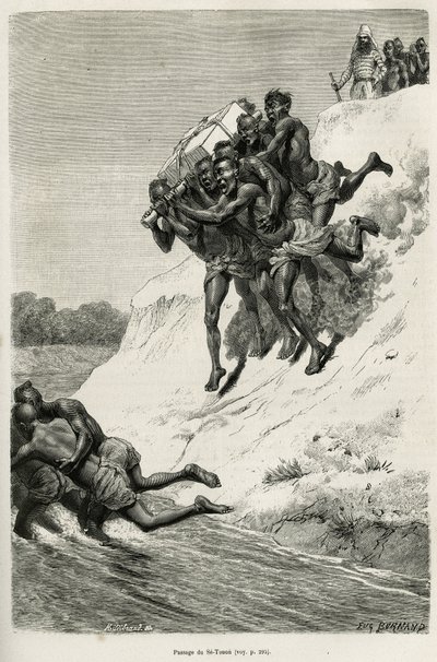 A Riviere Se Touon (Se Touon) átjárója, a háttérben az utazó elbeszélő portréja, Eugene Burnand rajza után metszve, Laosz és Indokína vadon élő populációi történetének illusztrálására, Doktor Harmand 1877-ben. , tedd közzé alkotó: Eugene Burnand