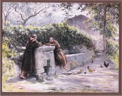 Szent Ferenc és Masseo barát vacsorája a szökőkútnál. Szent Ferenc a szegénységet dicséri, 1919 alkotó: Eugene Burnand