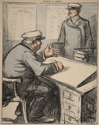 Két tengerész úr az irodájukban, illusztráció a „The Butter Plate: The Officials” című könyvből, 1902. augusztus 9. alkotó: Eugene Cadel