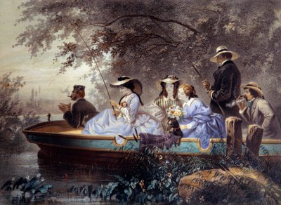 Egy vasárnap a családdal, horgászat a folyóban Litográfia Eugene Guerard (1821-1866) 19. századi Párizs, Musee Carnavalet alkotó: Eugene Charles Francois Guerard