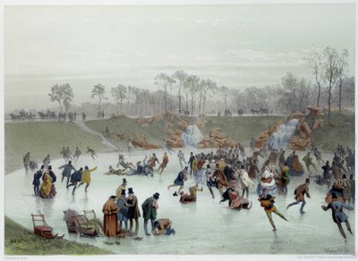 Korcsolyázók a Bois de Boulogne-i litográfiában, Eugene Guerard alkotó: Eugene Charles Francois Guerard