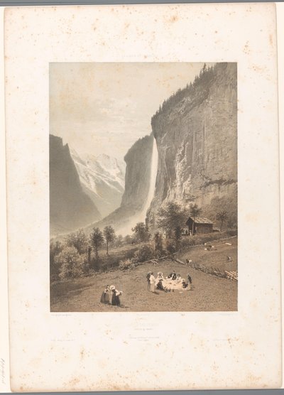 Piknik a Staubbach-vízesésre néző kilátással Le Staubbach (cím a tárgyon) La Suisse et la Savoie (sorozat címe) Arcok Svájcban és Savoyában (a sorozat címe a tárgyon) alkotó: Eugene Ciceri