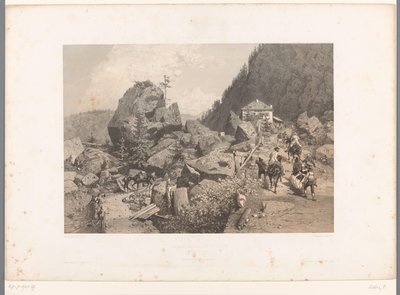 Utazók a Tête Noire hágóján Martigny és Chamonix között Passage de la Tete Noire (cím az objektumon) Arcok Svájcban és Savoyában (sorozat címe) La Suisse et la Savoie (sorozat címe az objektumon) alkotó: Eugene Ciceri
