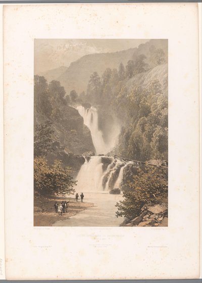 Természetjárók kilátással a Reichenbach-vízesésre Chateau inferior du Reichenbach (cím a tárgyon) Arcok Svájcban és Savoyában (sorozat címe) La Suisse et la Savoie (sorozat címe az objektumon) alkotó: Eugene Ciceri