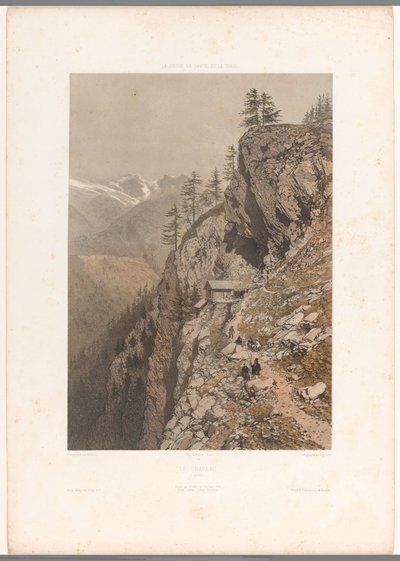 Túrázók a hegyi ösvényen Chamonix-nál és a Mont Blanc-nál Le Chapeau (cím a tárgyon) Nézetek Svájcban, Savoyában és Tirolban (sorozat címe) La Suisse, la Savoie et le Tyrol (sorozat címe a tárgyon) alkotó: Eugene Ciceri