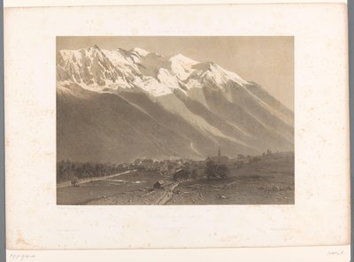 Kilátás Chamonix-ra a Mont Blanc lábánál Le Mont Blanc et Chamonix (cím a tárgyon) La Suisse et la Savoie (sorozat címe) Arcok Svájcban és Savoyában (a sorozat címe a tárgyon) alkotó: Eugene Ciceri