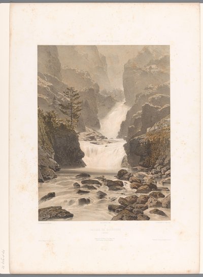 Kilátás a Barberine-vízesésre Vallorcine közelében Cascade de Barberine (cím az objektumon) Arcok Svájcban, Savoyában és Tirolban (sorozat címe) La Suisse, la Savoie et le Tyrol (sorozat címe a tárgyon) alkotó: Eugene Ciceri