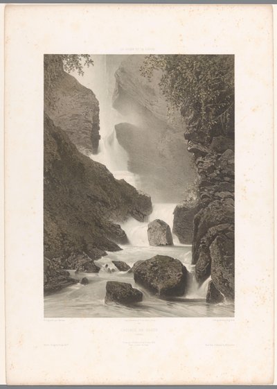 Kilátás a Chède-vízesésre Cascade de Chède (cím az objektumon) La Suisse et la Savoie (sorozat címe) Arcok Svájcban és Savoyában (a sorozat címe a tárgyon) alkotó: Eugene Ciceri