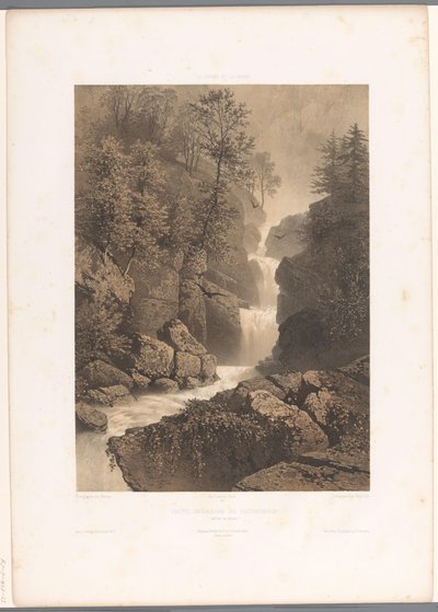 Kilátás a Reichenbach-vízesésre Chûte, inferior du Reichenbach (cím a tárgyon) Arcok Svájcban és Savoyában (sorozat címe) La Suisse et la Savoie (sorozat címe a tárgyon) alkotó: Eugene Ciceri
