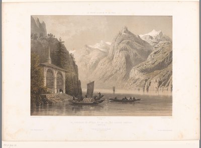 Kilátás a Tells-kápolnára a Luzerni-tónál La Chapelle de G.me Tell et le lac des Quatre-Cantons (cím az objektumon) Arcok Svájcban, Savoyában és Tirolban (sorozat címe) La Suisse, la Savoie et le Tyrol (sorozat címe a tárgyon) alkotó: Eugene Ciceri