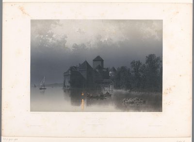 Kilátás a Chillon kastélyra a Genfi-tónál Château de Chillon (cím a tárgyon) Arcok Svájcban és Savoyában (sorozat címe) La Suisse et la Savoie (sorozat címe az objektumon) alkotó: Eugene Ciceri