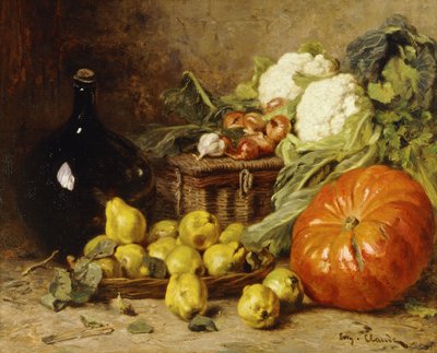 Csendélet borzászlóval, kosárral, körtével, hagymával, karfiollal, káposztával, fokhagymával és sütőtökkel, alkotó: Eugene Claude