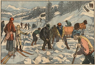Az alpesi lakosok télen jégtömböket gyűjtenek a nyárra. A háttérben férfiak téli sportokat űznek. Damblans illusztráció. A december 18-i „” Le Pelerin”-ben alkotó: Eugene Damblans