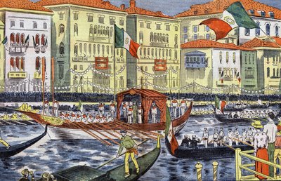 Ünnep Velencében a piemonti herceg és hercegnő tiszteletére, Damblans rajza a "Le Pelerin" papírról szeptember 25. alkotó: Eugene Damblans