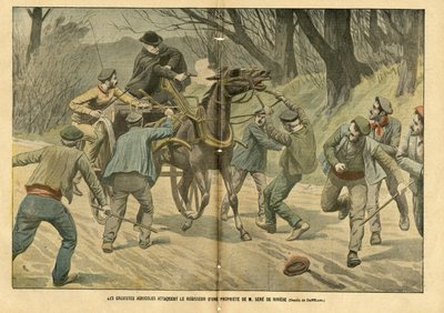 Illusztráció: Eugene Damblans (1865-1945) a Le Pelerinben, 04.01.31. - Mezőgazdasági grevisták megtámadják M. Sere de Riviere ingatlanának regisztrátorát - Társadalmi, Különféle tények, Greve, Közlekedés, Mezőgazdaság, Erdő, Caleche Fiacre Cab - Munkás, lo alkotó: Eugene Damblans
