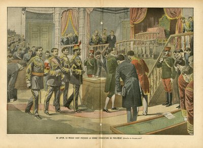 Eugene Damblans (1865-1945) illusztrációja a Le Pelerinben, 04.03. - Japánban Mikado elnököl a parlament nyitóülésén - Japán, Képviselőház ülésterme, Mikado, belső építészet - Mikado alkotó: Eugene Damblans