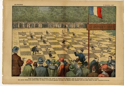Eugene Damblans (1865-1945) illusztrációja a Le Pelerinben, 04/09/27 - Először Franciaországban női játék... Élő sakktábla - Játék, hobbik, tömeg, dáma alkotó: Eugene Damblans