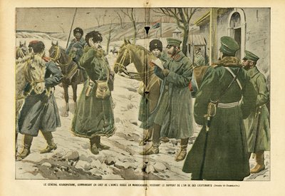 Illusztráció: Eugene Damblans (1865-1945) Le Pelerinben, 05/03/05 - Kuropatkin tábornok, a mandzsúriai orosz Armea főparancsnoka, aki megkapja egyik hadnagya jelentését - Oroszország, Armea, Mandzsuria, orosz -Japán háború, hó - Tábornok alkotó: Eugene Damblans