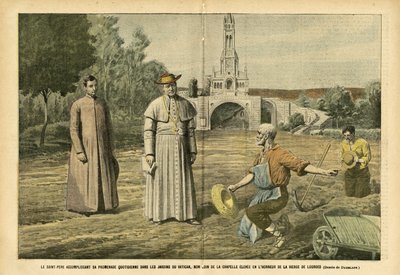 Illusztráció Eugene Damblansról (1865-1945) a Le Pelerinben, 2005.08.20 - A Szentatya mindennapi sétáját végzi a Vatikán kertjében, nem messze a Lourdes-i Szűz tiszteletére emelt kápolnától – Valláshit, Mezőgazdaság, Vatikán, Katolikus alkotó: Eugene Damblans