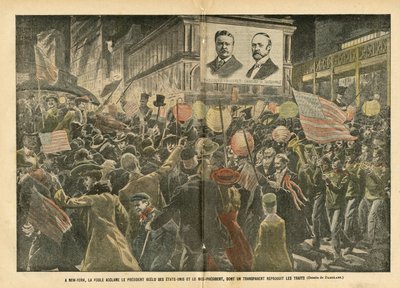 Eugene Damblans (1865-1945) illusztrációja a Le Pelerinben, 2004.11.20. - New Yorkban a tömeg ujjongja az Egyesült Államok újraválasztott elnökét és az alelnököt, akinek átlátszó képe visszaadja a jellemzőket - Amerika USA, Választások, Építészet Urbani alkotó: Eugene Damblans
