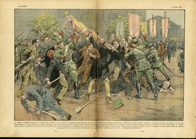 Eugene Damblans (1865-1945) illusztrációja a Le Pelerinben, 37. 06. 27. - A keresztjáték Krisztus keresztje ellen a hitleri Németországban - Németország Poroszország, Valláshit, Tömeg, Harc, Helyesbírás, Gammee Kereszt, Keresztény Kereszt, Katolikus Katoli alkotó: Eugene Damblans