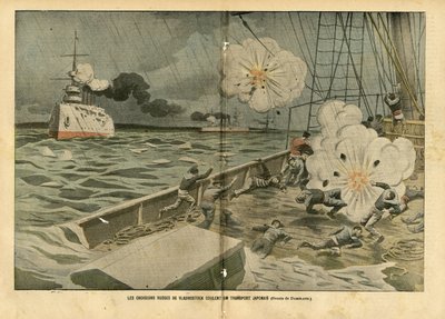 Eugene Damblans (1865-1945) illusztrációja Le Pelerinben, 04.02.28 - A vlagyivosztoki orosz cirkálók elsüllyesztenek egy japán transzportot - Armee, Maritime Marine Seaside, Orosz-Japán háború, Hadihajók, Vlagyivosztok - Tengerészek, tengerészek alkotó: Eugene Damblans