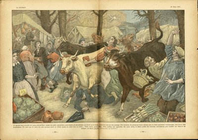 Eugene Damblans (1865-1945) illusztrációja a Le Pelerinben, 28/03/37 - A Niort melletti Lezay nagy éves vására - Különböző tények, Gazdaság, Tömeg, Üzletek, Mezőgazdaság, Hüvelyesek - Tehén, Marha, Camelot vándorárus. alkotó: Eugene Damblans