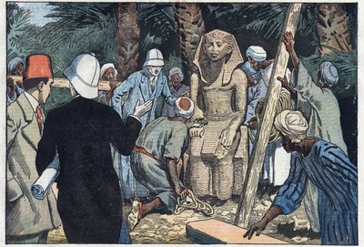 A francia régészeti misszió felfedezi a Sesostris III tinédzser szobrát, akit elhoznak a Louvre-ba. Medamoud, ókori Théba, Egyiptom. Damblans illusztráció. A november 22-i „” Le Pelerin”-ben alkotó: Eugene Damblans