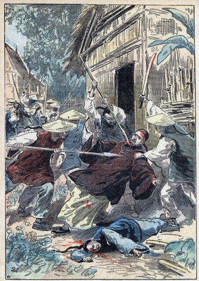 Berthollet francia papot (1865-1898), a külképviseletek papját kínai nemzetőrök meggyilkolták Yun Ngan Cheou (Yun-Ngan-Cheou) város közelében 1898. április 21-én. Damblanok illusztrációja a „” Le Pelerin”-ben július 10-én alkotó: Eugene Damblans