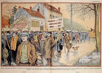 Munkanélküli bányászok Észak-Franciaországból és Pas-de-Calais régióból Párizsba vonulnak, illusztráció a „Le Pelerin”-ből alkotó: Eugene Damblans