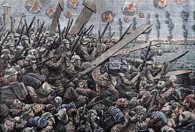 Háború 1914-1918. Belgium frontja 1914. Német katonák az Yseren. Damblans rajza. alkotó: Eugene Damblans