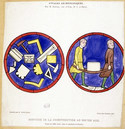 History of construction in the Middle Ages: Fac simile of 13th century stained glass windows, in the Cathedrale de Chartres - Draw by Eugene Viollet-le-Duc (Viollet le Duc) (1814-1879) and featuring several maconic symbols. alkotó: Eugene Emmanuel (after) Viollet le Duc