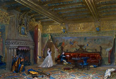 Gótikus stílusú csarnok tervezése a Chateau de Pierrefonds számára a császárral és a császárnővel alkotó: Eugene Emmanuel Viollet le Duc