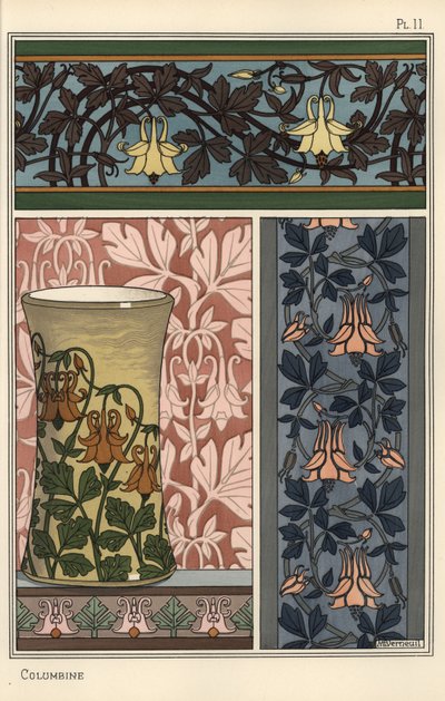 Columbine virág, Aquilegia vulgaris, tapéta, szövet és váza mintázatában alkotó: Eugene Grasset
