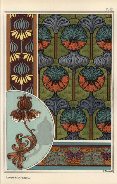 Koronás birodalmi virág, Fritillaria imperialis, tapéta- és szövetmintázatban, valamint kovácsoltvas lámpa dizájnjaként alkotó: Eugene Grasset