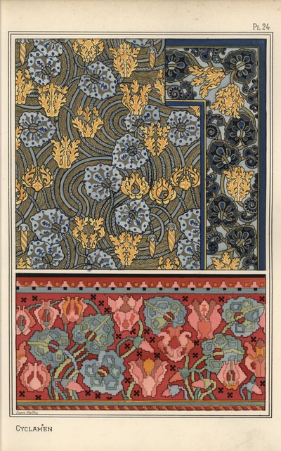 Cyclamen persicum növény mint motívum gobelin-, szövet- és tapétatervekben. Anna Martin litográfiája alkotó: Eugene Grasset