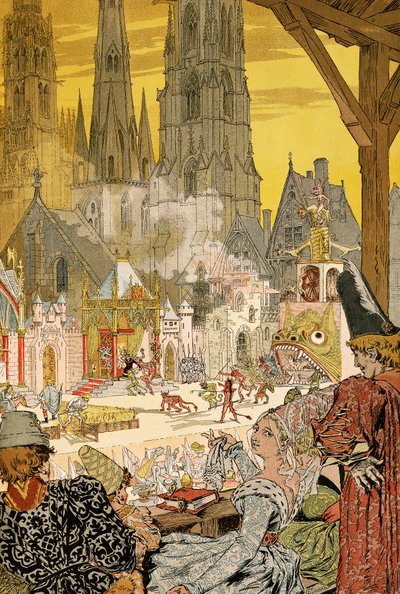 Misztérium ábrázolása a katedrális templomkertjében, Victor Hugo (1802-1885) illusztrációja a Notre-Dame de Paris számára alkotó: Eugene Grasset