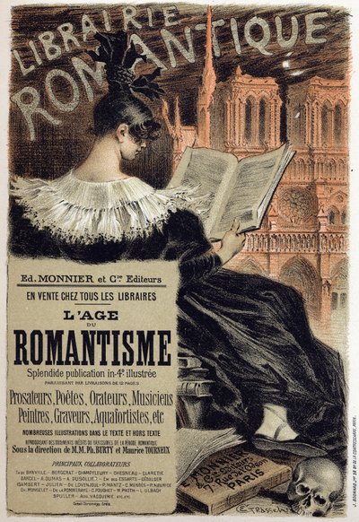 Irodalom. Librairie romantique (Romantikus könyvesbolt.) Eugene Grasset plakátja Monnier szerkesztő számára, Franciaország, 1890 körül Coll. Rész. (poszter) alkotó: Eugene Grasset