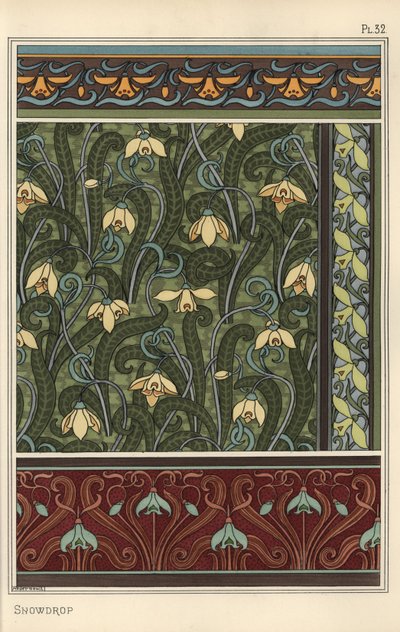 Hóvirág, Galanthus nivalis, mint design motívum tapétákon, szegélyeken és szöveteken alkotó: Eugene Grasset