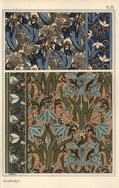Hóvirág, Galanthus nivalis, mint design motívum tapétákon, szegélyeken és szöveteken alkotó: Eugene Grasset